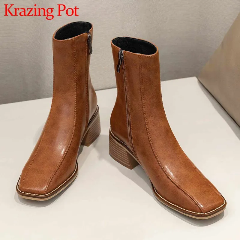 

Krazing Pot genuine leather concise style solid square toe high heels side Zipper winter fashion keep warm mid-calf boots L16