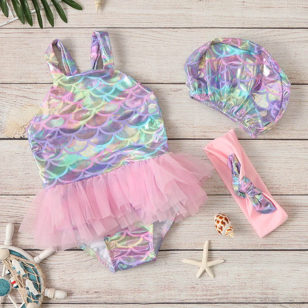 

Baby Girl Girls Sleeveless Sling Sequin Fish Scale Net Gauze One Piece Swimsuit Swimsuit купальник слитный
