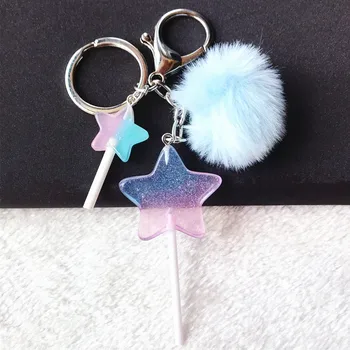 

1PC Cute Women Keychain Fasion Star Lollipop Multicolor Flatback Rresin Charms Handbag Keyring with tassel Keyring