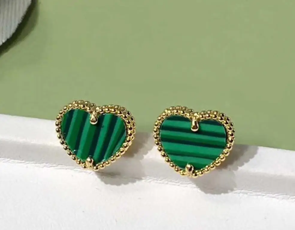 green 925 пробы серебряные модные жемчужные серьги Висячие романтические хрустальные красные серьги в форме сердца, очаровательные полосатые Малахитовая серьга - Окраска металла: green