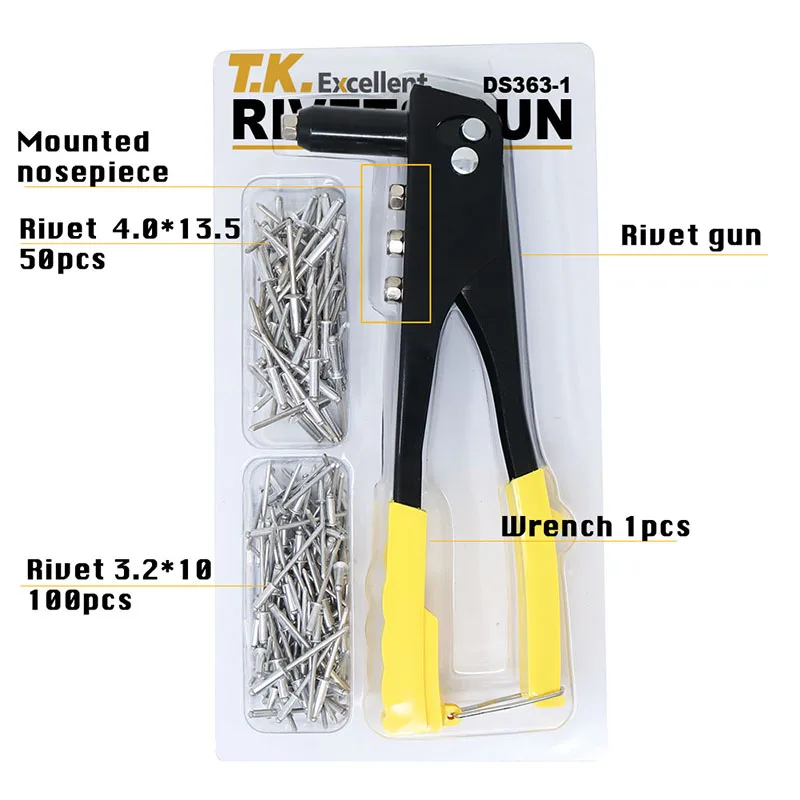 Rivet Gun Kit with 150 Pcs Rivets,Hand Riveter Set, 4 Sizes of Rivet Heads Attached, Hand Rivet Gun Tool for Metal, Wood