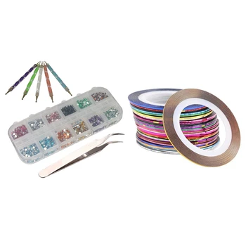 

12 Colors of Nail Art Glitter Rhinestone Tips+5 x Dotted Pen + Tweezers with 18Pcs / Bag Mixed Colors Sticker