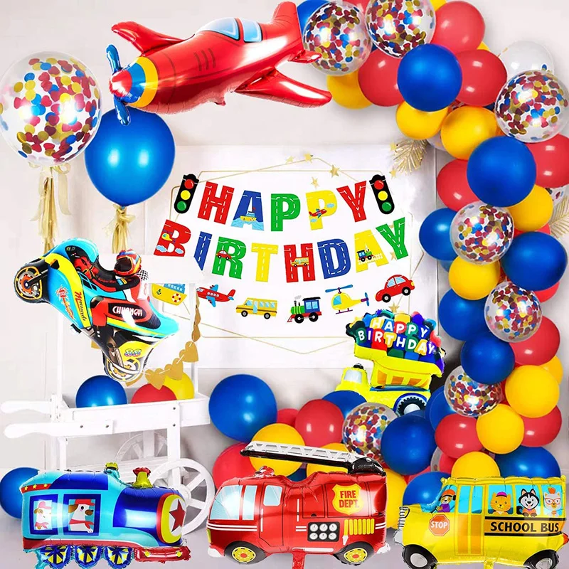 Birthday Decoration For Boys Happy Birthday Banner Cars School Bus Train Fire Truck Motorcycle Plane Balloons Transport Vehicles Ballons Accessories Aliexpress