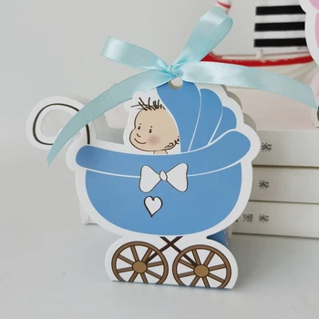 

50pcs Candy Boxes Baby Birthday Party Wedding Favor trolley with Girl/Boy Chocolate Gift Bag Baby Shower Supplies Pink Blue