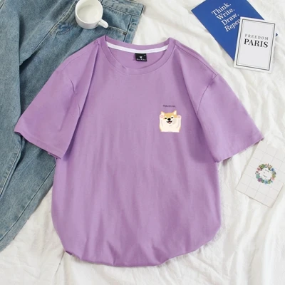 Женская Милая футболка Шиба ину, Модная белая футболка с принтом собаки из мультфильма, хлопковая Дизайнерская футболка с карманами, хлопковая Футболка Harajuku Homme - Цвет: purple