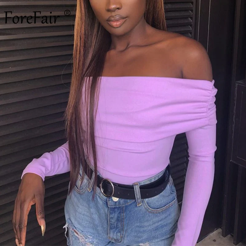 

Forefair Slash Neck Sexy Bodysuit Women Autumn 2019 Off the Shoulder Tops Solid Purple Black Club Long Sleeve Bodysuit