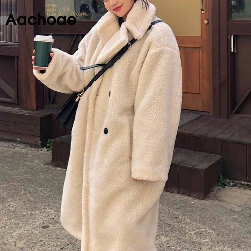 Aachoae Winter 2020 Women Solid Lamb Fur Coat Long