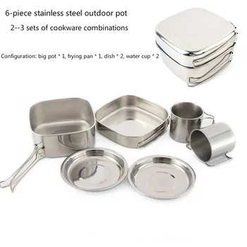 

Outdoor 6-piece pot camping stainless steel cookware mountaineering picnic set bowl portable 3-4 people barbecue combination pot
