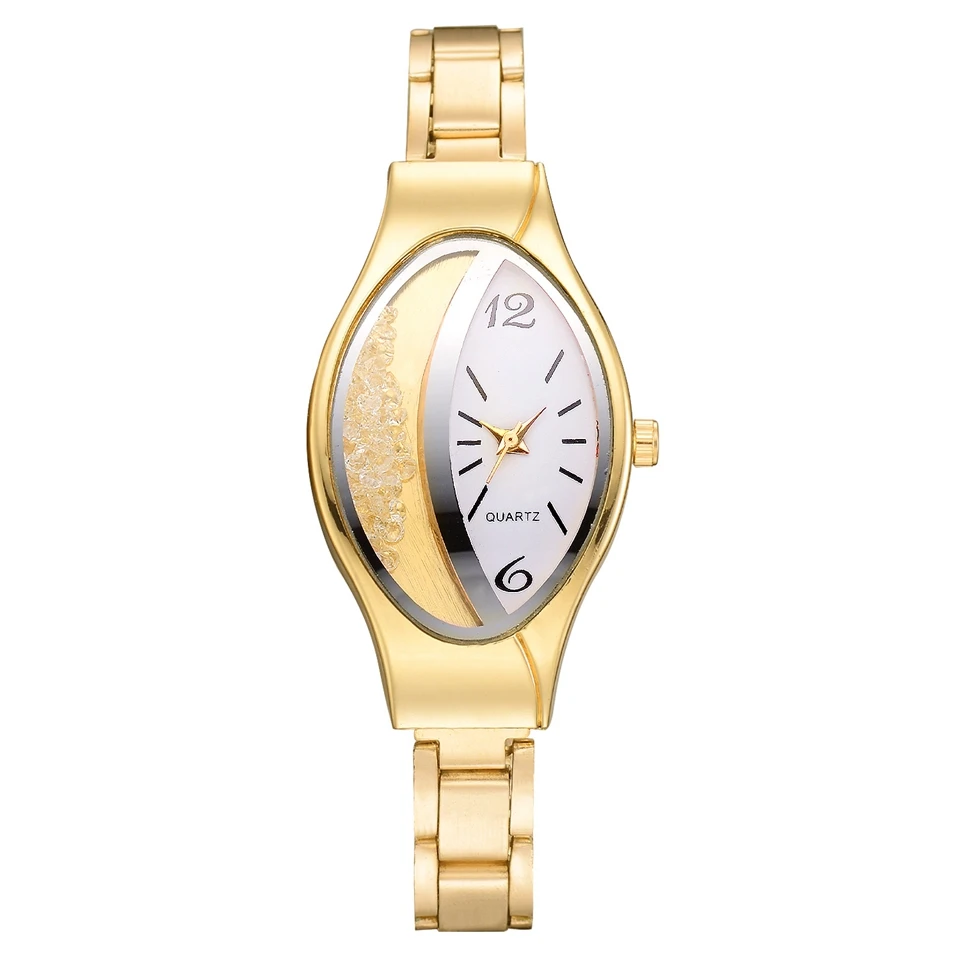 Women Fashion Luxury Watch Leather Strap Women Bracelet Clock Ellipse Rhinestone PU Sport Quartz Watch Wrist Watches For Women - Цвет: Gold