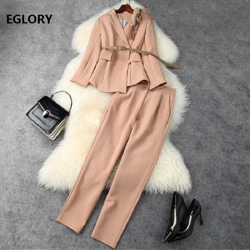 

High Quality Blazer Sets 2020 Autumn Winter Business Suit Women Beading Lace Deco Blazer Jacket+Skinny Legging Pant Set 2 Piece