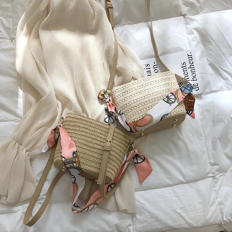 

2019 New Style Summer Straw Shell Bag Silk Scarves Simple Beach Bag Shoulder WOMEN'S Bag