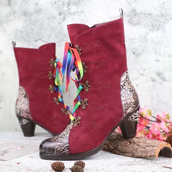 

Embossed Women Boots Rose Genuine Leather Splicing Low 6CM Thick High heel Mid-Calf Boots Elegant Ladies Shoes Women Shoes 2020