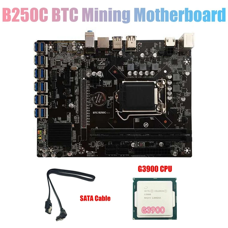 BTC B250C Mining Motherboard with G3900 CPU+SATA Cable 12XPCIE to USB3.0 Graphics Card Slot LGA1151 Support DDR4 for BTC cheap pc motherboard