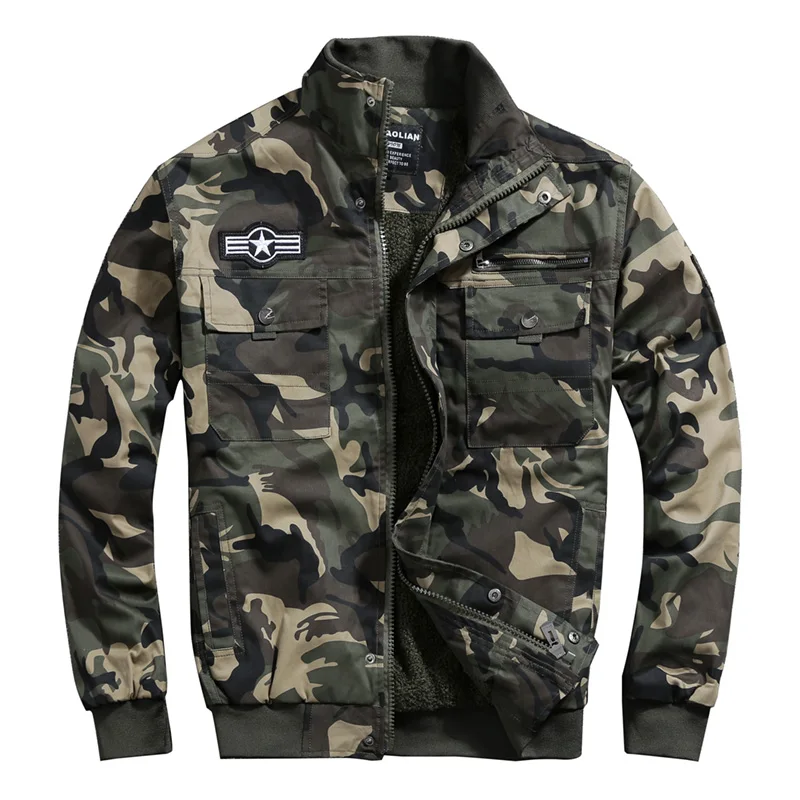 Winter Men's Fleece Lined Thick Camouflage Cargo Jackets Military Tactical Outerwear Multi-Pocket Cotton Wear-Resistant Workwear