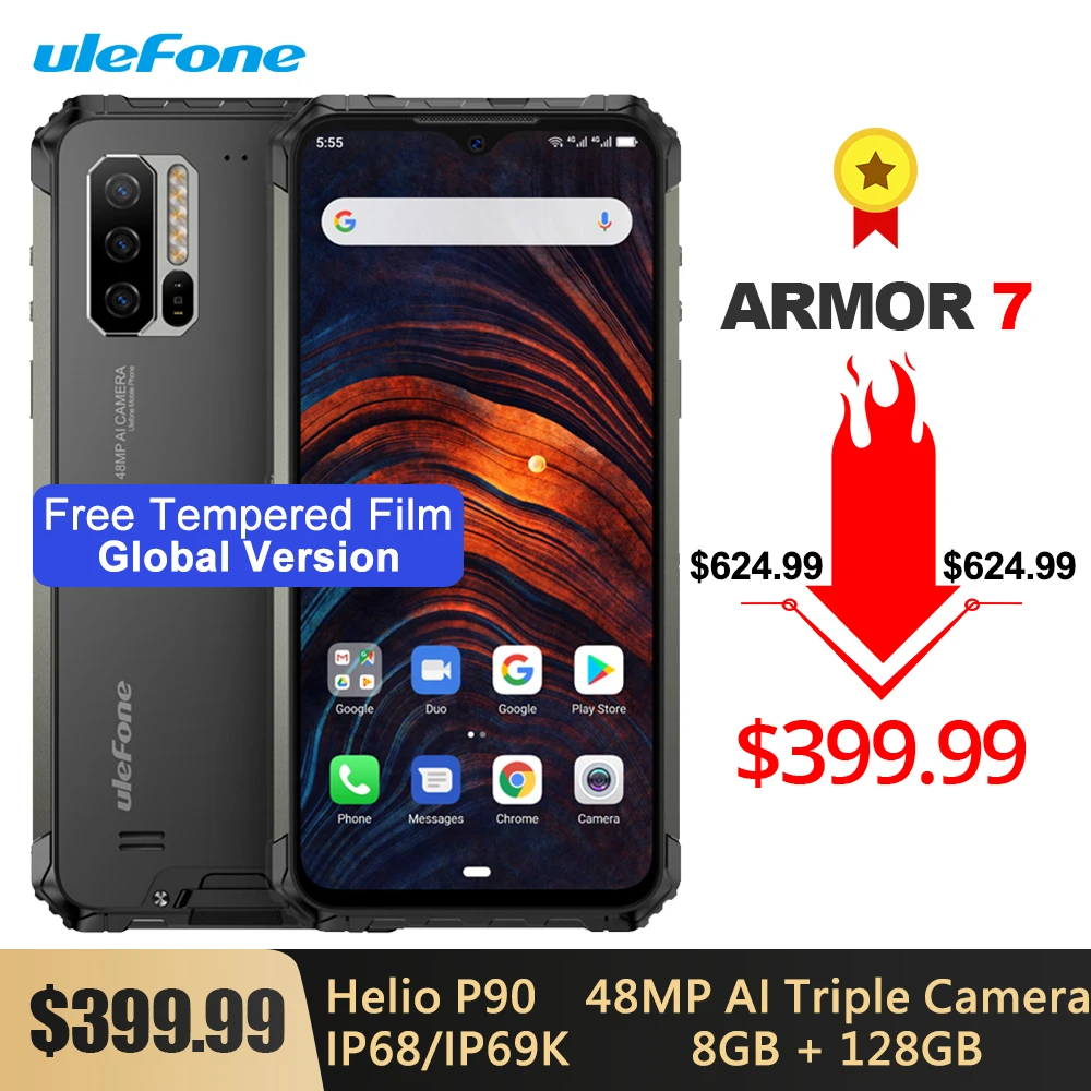 Смартфон Ulefone Armor 7 IP68/IP69K Android 10 0 Helio P90 восемь ядер 8 + 128 ГБ тройная камера 48 МП 5500 мАч