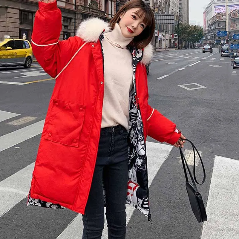 red New Full Women Winter Jacket Hood Design Thick Coat Cotton Parka Style Jackets Fur Collar BLueY170016 - Цвет: red