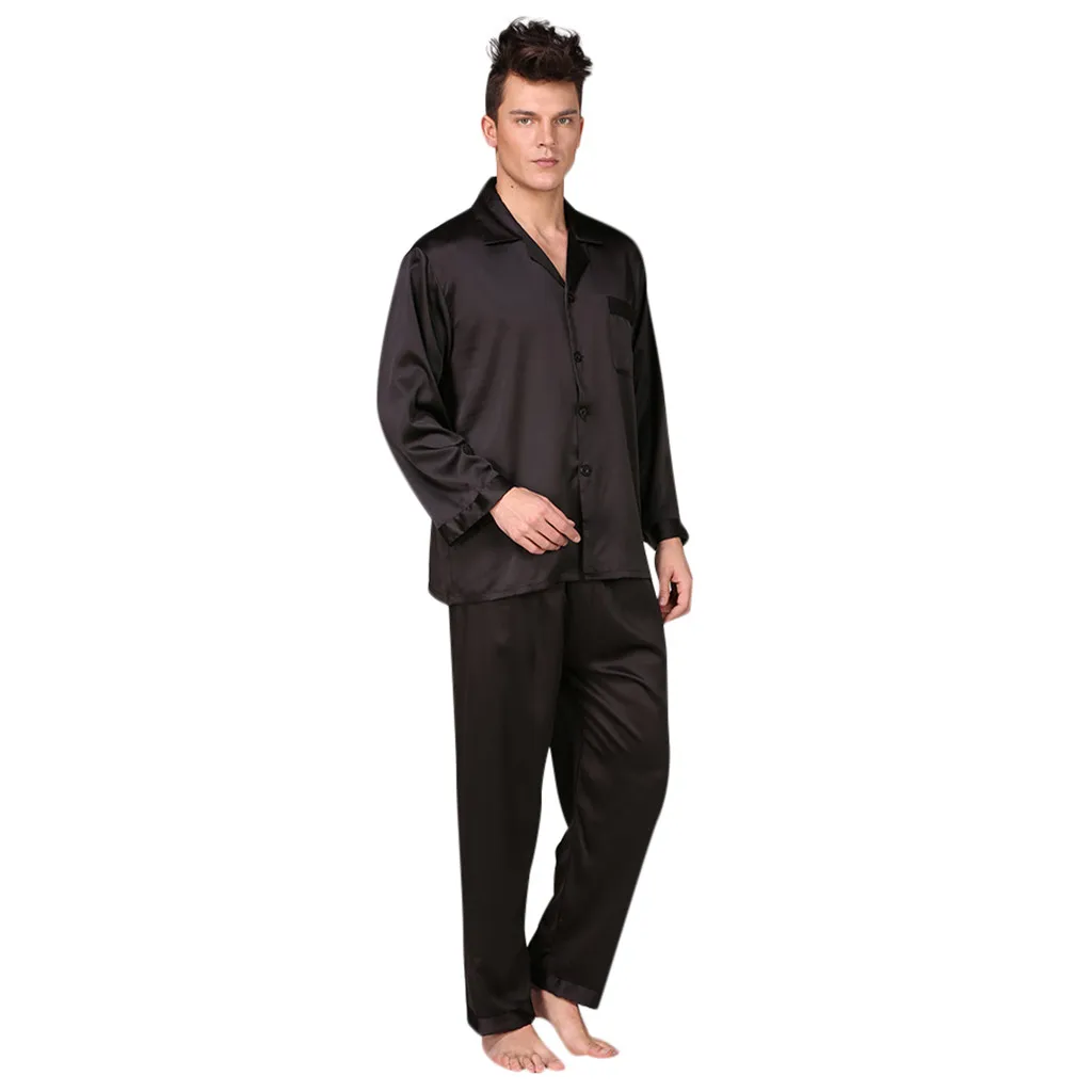 Chamsgend Мужской лед Шелковая пижама костюм весна осень с длинными рукавами сплошной цвет костюм Роскошная домашняя пижама для сна - Цвет: Black