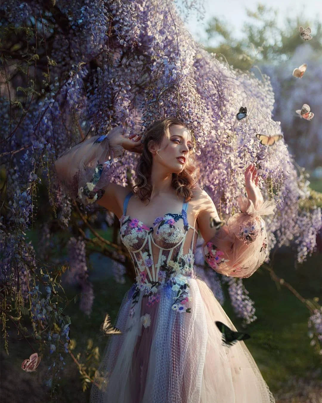Spaghetti Strap Prom Dress Flowers See-Through Sleeves Applique Floral Print Layered Puffy Tulle Evening Dresses For Women 2022