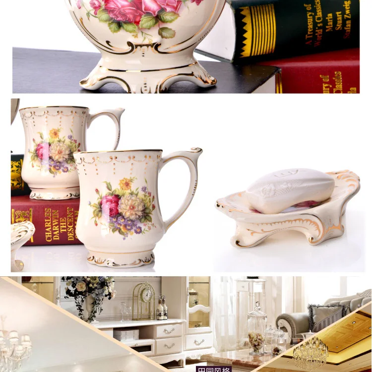 European Elegant Bathroom Set Ceramic Mouth Cup With Handles Five-piece Toiletries Soap dish Lotion bottle New Wedding Products