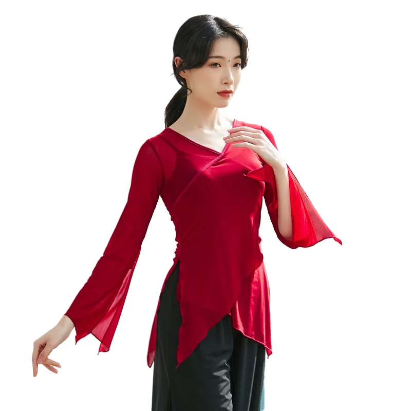 Classical Dance Shirt Sexy V Neck Body Rhyme Transparent Gauze Dress Women Chinese Folk Dancer Performance Costume Long Sleeve