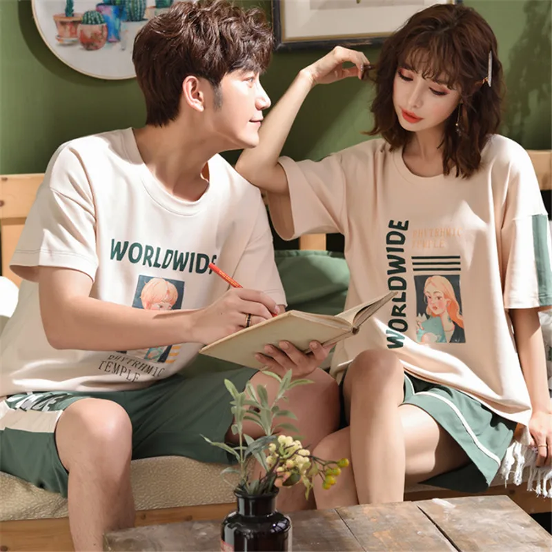 

2020 pajamas men's summer knitted cotton fabric couple short-sleeved shorts cartoon women's nightdress home service couple suit
