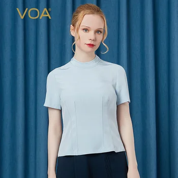 

VOA Light Blue 36MM Elastic Heavy Half-Collar Decorative Open-Line Fashion Beaded Buckle Short Sleeve Pullover T-shirt BE2
