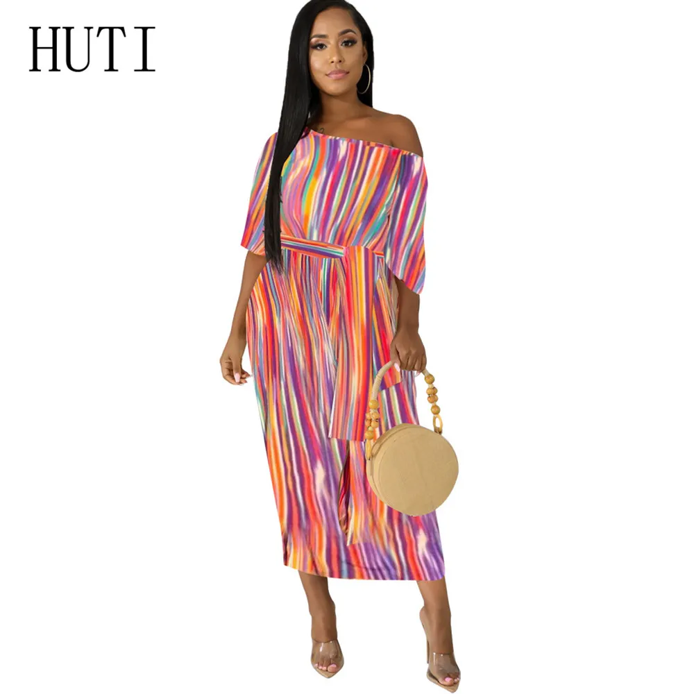

HUTI Plus Size XXL Striped Printed Strapless Loose Dress Women Casual Elegant Maxi Dress Summer Half Sleeve Female Ropa Mujer