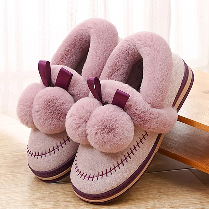 

Women's fur slippers 2020 Soft Plush Ball flat slippers Couple warm Ladies home shoes non-slip Brand Indoor slippers women