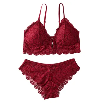 

Sexy Crop Top Female Front Buckle Wire Free Lace Bralette and Pants Set Women Underwear Suit