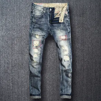 

Italian Style Fashion Men Jeans High Quality Slim Fit Retro Wash Destroyed Ripped Jeans Men Patches Vintage Designer Jeans Homme