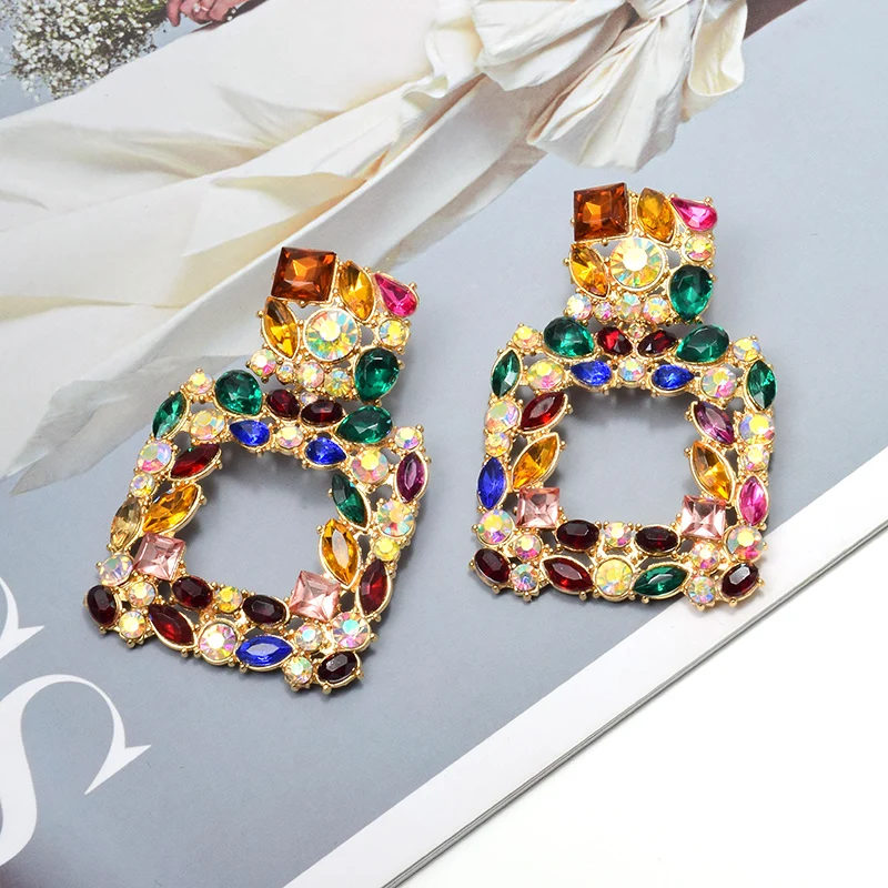 ZA квадратные металлические висячие серьги, украшенные разноцветными кристаллами, ювелирные украшения, аксессуары для женщин, рождественский подарок