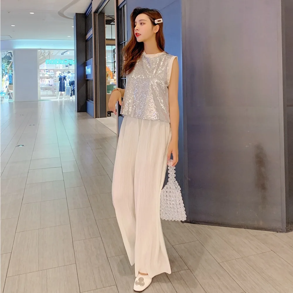 

Photo Shoot 2019 Summer New Style Sleeveless Flashing Sequin Tops + High-waisted Loose Pants Two-Piece Set Slimming WOMEN'S Suit