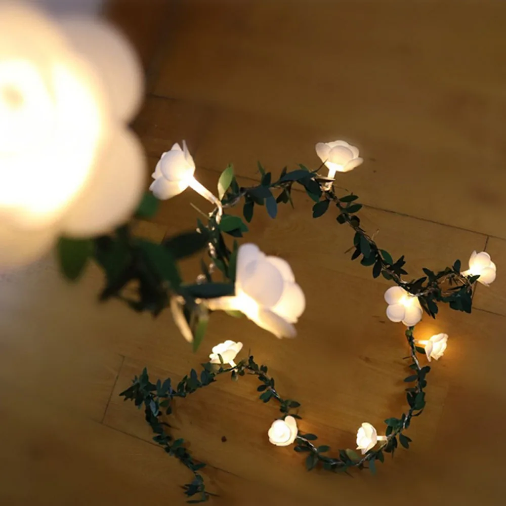 Вьющийся стебель розы с цветами гирлянда светодиодный светильник украшение Зеленый лист гирлянда батарея/USB/солнечной энергии 3 м 5 м 10 м