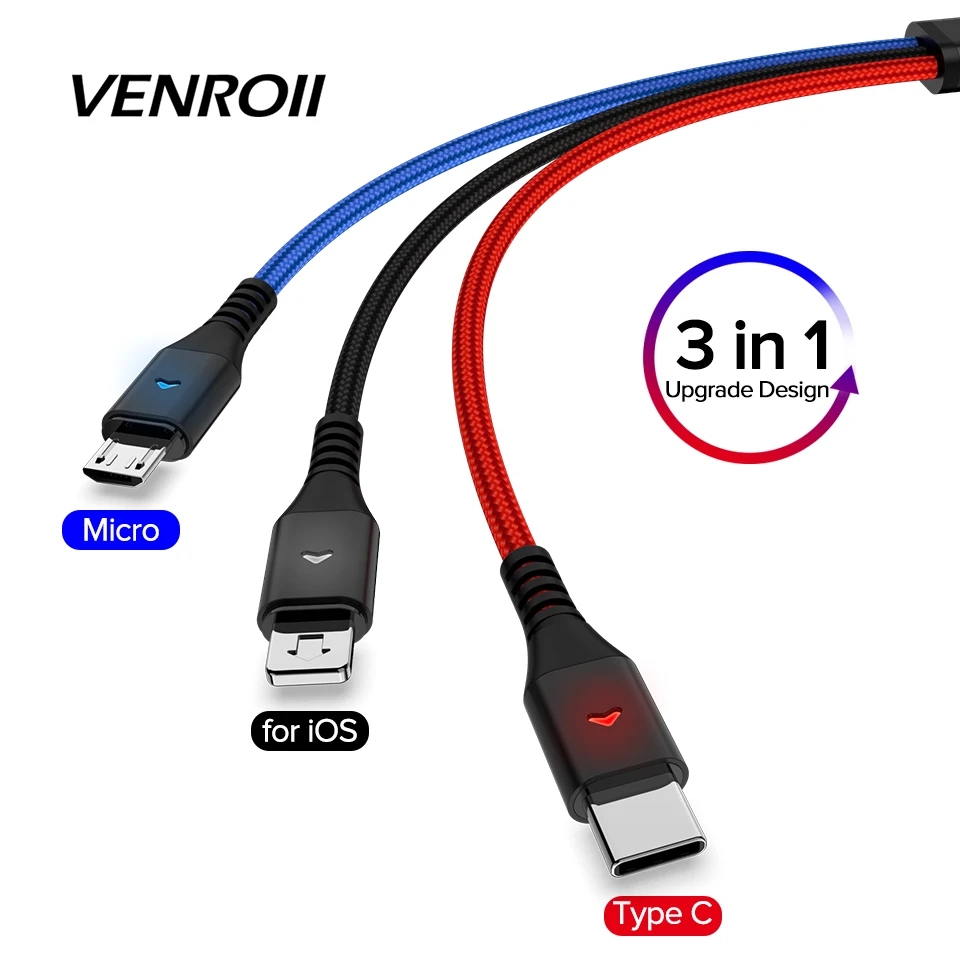 Venroii USB 3 in 1 Micro Cable Type C Kable Android Phone Cord for Xiaomi Redemi Note 7 K20 USBC Wire for Samsung Oneplus 7 Pro