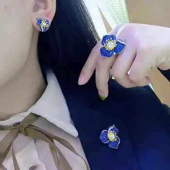 شراءالأزرق اللون زهرة طقم مجوهرات خاتم قلادة و حلق 925 فضة مع مكعب الزركون غرامة النساء مجوهرات شحن مجاني