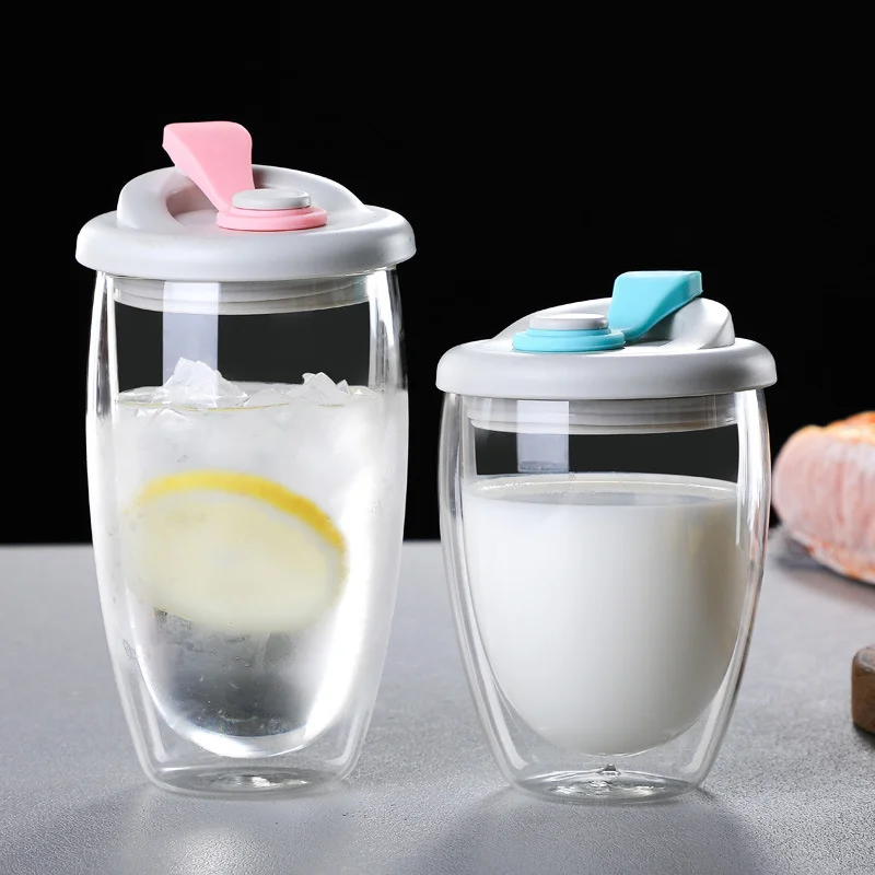 Glass Drinkware 250ml 350ml 450ml Double Layer Glass Coffee Mug With Lid Leak-Proof Travel Milk Lemon Tea Cup Dinkware