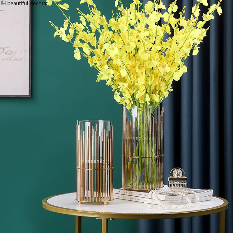 

Light Luxury Metal Transparent Glass Vase Hydroponic Vase Desktop Cylindrical Metal Furnishings Home Decoration Accessories