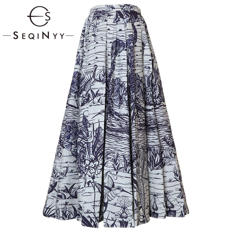 

SEQINYY 100% Cotton Skirt 2020 Summer Spring New Fashion Design High Quality Bird Flowers Printed Blue Long A-line