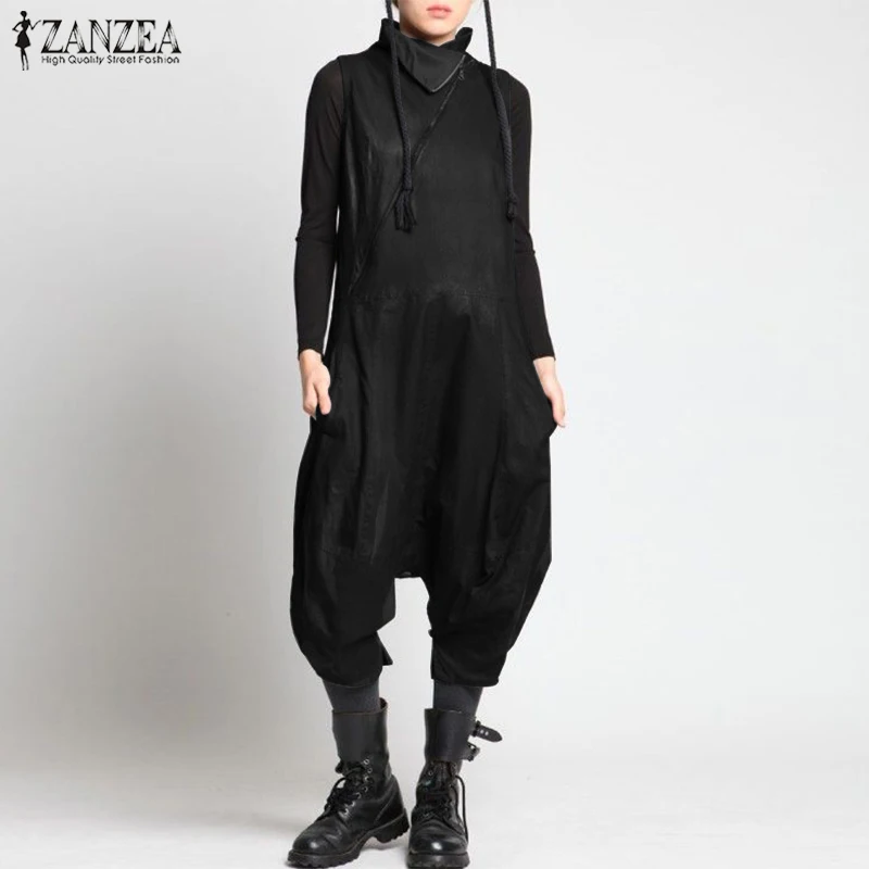 Модные женские комбинезоны, летние, с высоким воротом, без рукавов, комбинезоны ZANZEA, винтажные, с заниженным шаговым швом, на молнии, штаны-шаровары, одноцветные комбинезоны