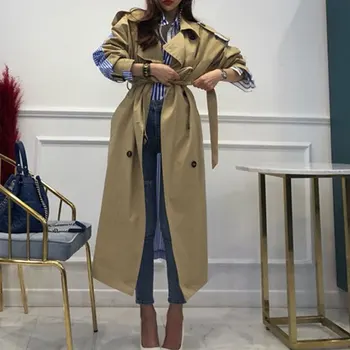 

2020 Autumn New Lapel Tie Trench Striped Stitching Large Size Slim Windbreaker Coat