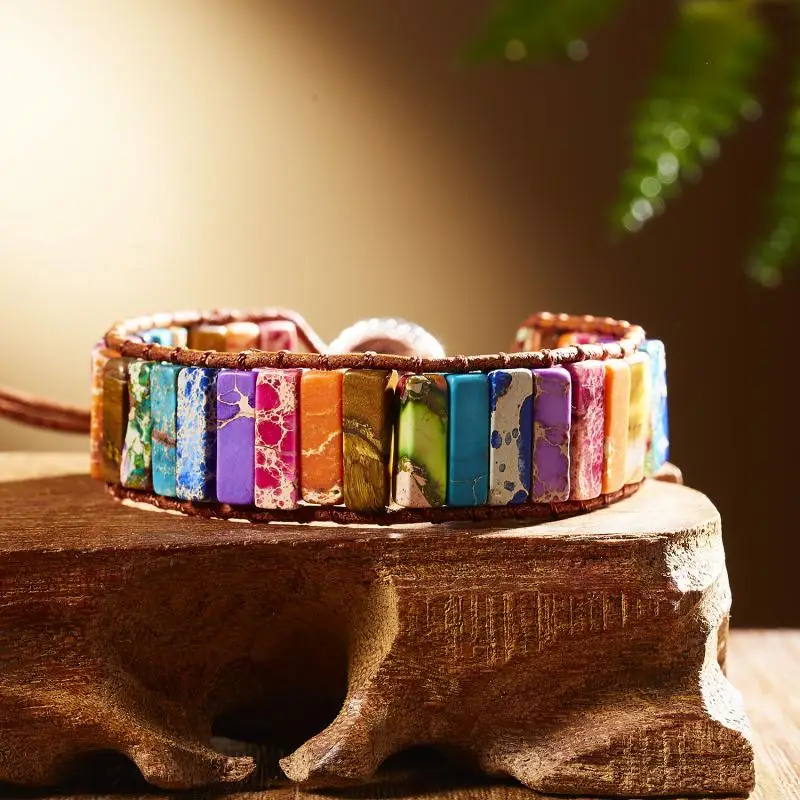 

Women Bohemia Chakra Beaded Bracelet Leather wrap Multicolor Natural Stone Handmade National Style slipknot Bangle Jewelry
