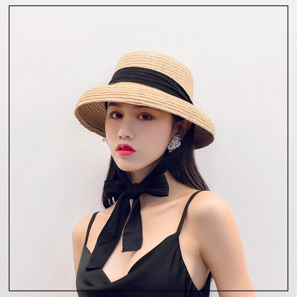

Summer Raffia Straw Hat Women Fashion Handmade Flat Top Sun Hat With White Black Ribbon Tie Sun Hat Beach Hat Sun Protection Cap