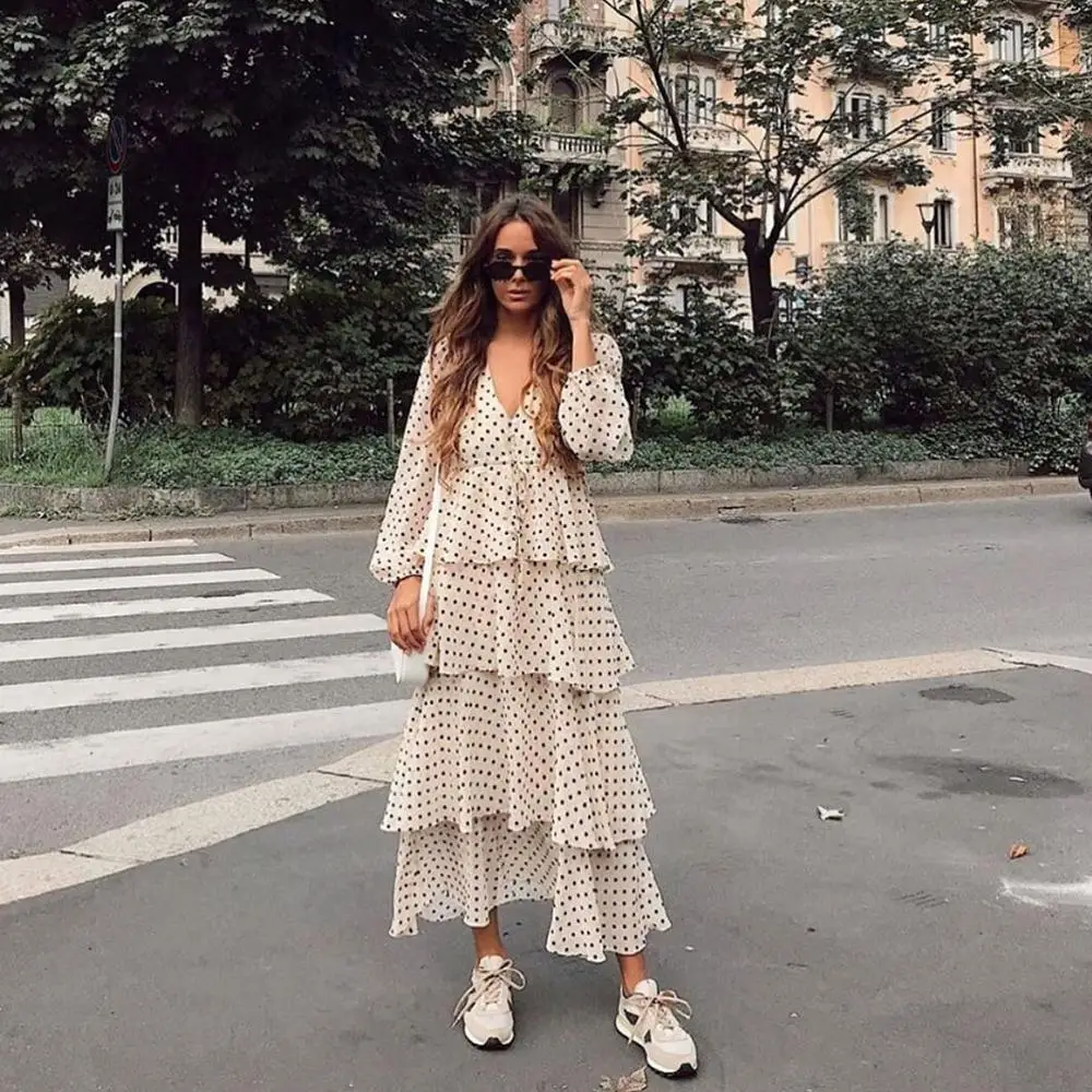 Cena Stylowe słodkie Dot drukuj przycisk sznurowane kaskadowe Ruffles sukienka dla dziewczynek za moda śliczne kobiety sukienka z dekoltem w serek na co dzień Vestidos