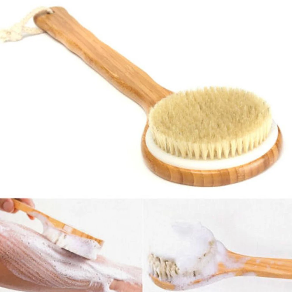

Bath Dry Body Brush Natural Boar Bristles Shower Back Scrubber with Wooden Long Handle for Cellulite, Exfoliation, Detox