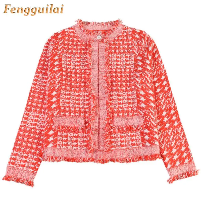 

Tweed Small Fragrance Coat Autumn And Winter New Women Round Neck Long-Sleeved Denim Patchwork Tassel Short Jacket Coat Female