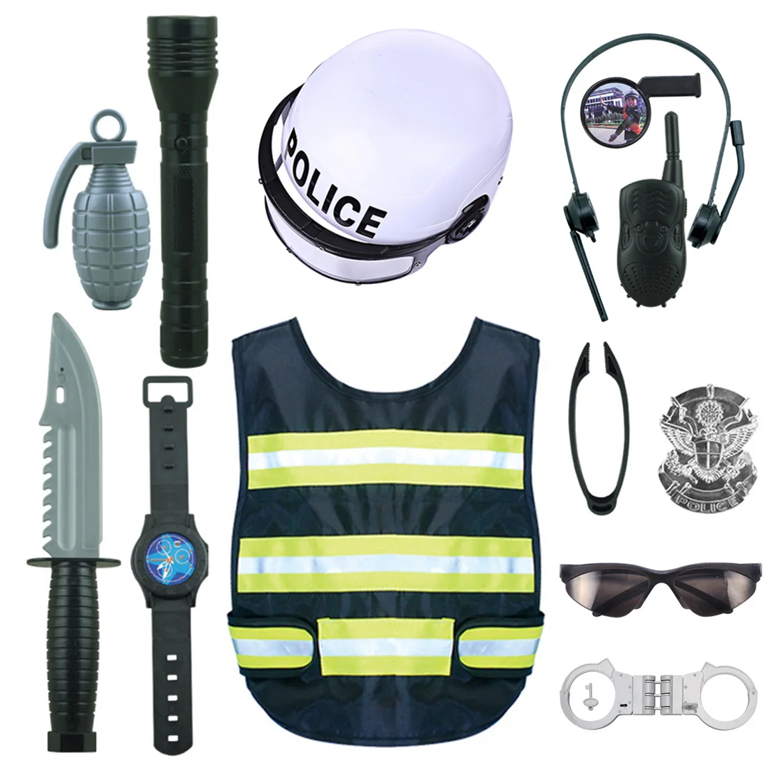 

12Pcs Children Role Play Police Costume Cop Dress-Up Clothes Playset Children Pretend Play Police Helmet For Kids Birthday Gifts