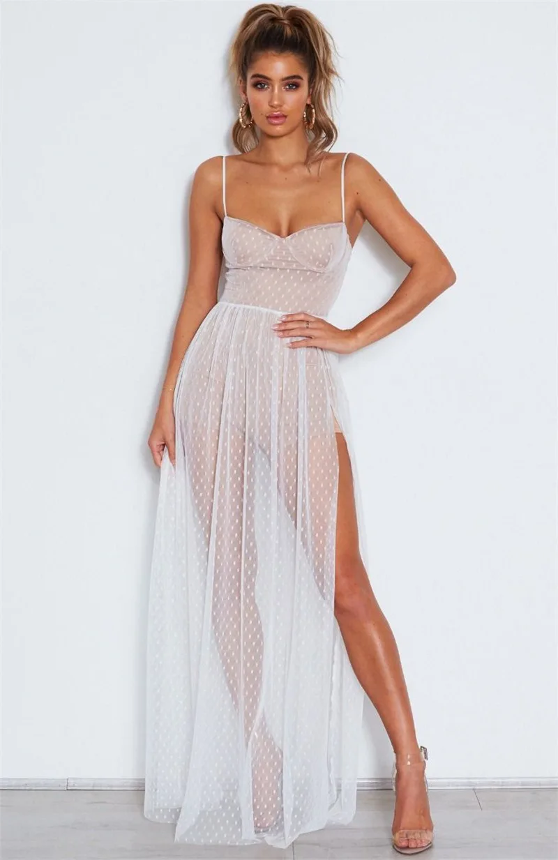 Женское Сетчатое платье белое в горошек на бретельках лето весна макси платья