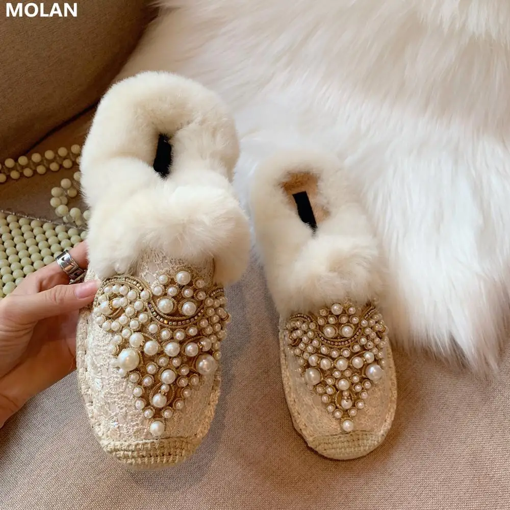 

MOLAN Brand Designers 2019 Winter Luxury Pearl Soft Warm Rabbit Hair Flat Slippers Women Slip On Loafers Mules Flip Flops Casual