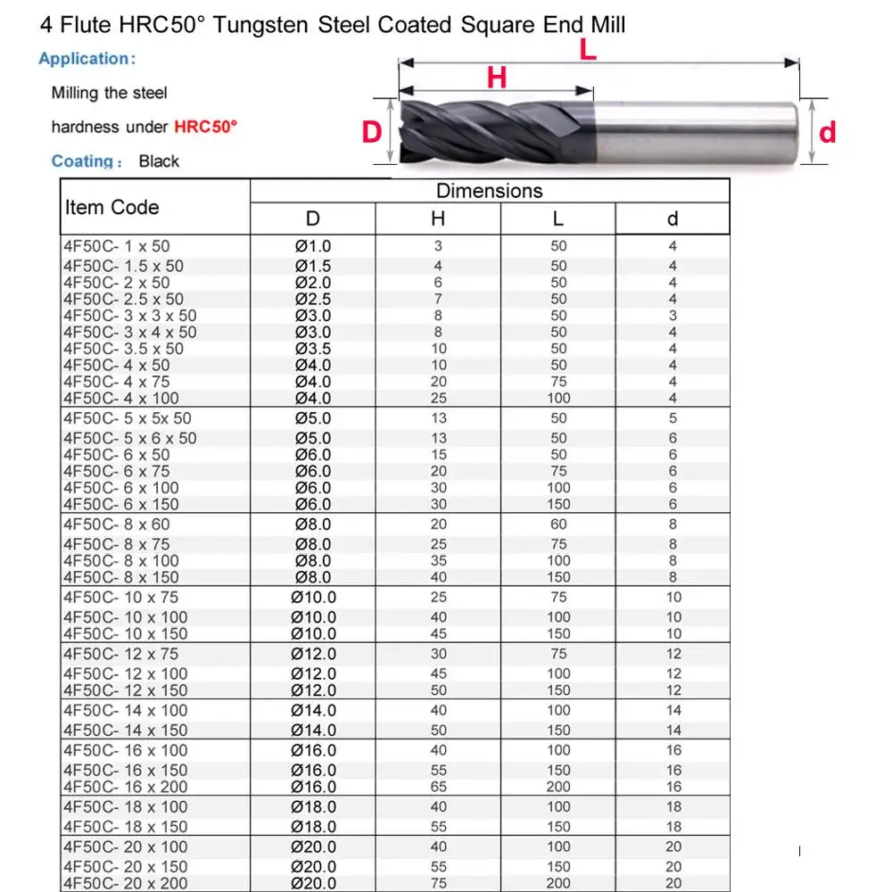 MZG  Discount Price Cutting HRC50 4 Flute 4mm 5mm 6mm 8mm 12mm Alloy Carbide Milling Tungsten Steel Milling Cutter End Mill