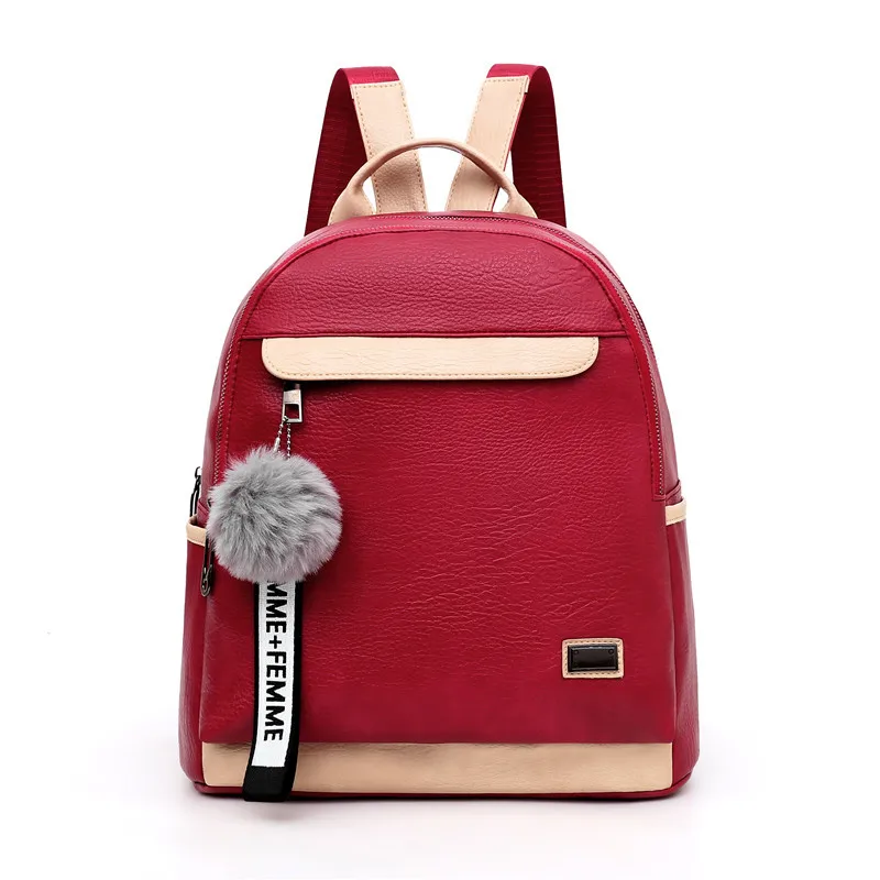 Высококачественный рюкзак из искусственной кожи с вышивкой, новинка, вместительный рюкзак в молодежном стиле для девушек, рюкзак в подарок с подвеской в виде шарика для волос - Цвет: red